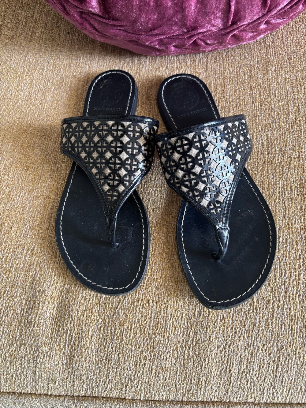 Tory Burch Navy blue and ivory thongs Laser-Cut Leather Toe-Post Sandals 8M